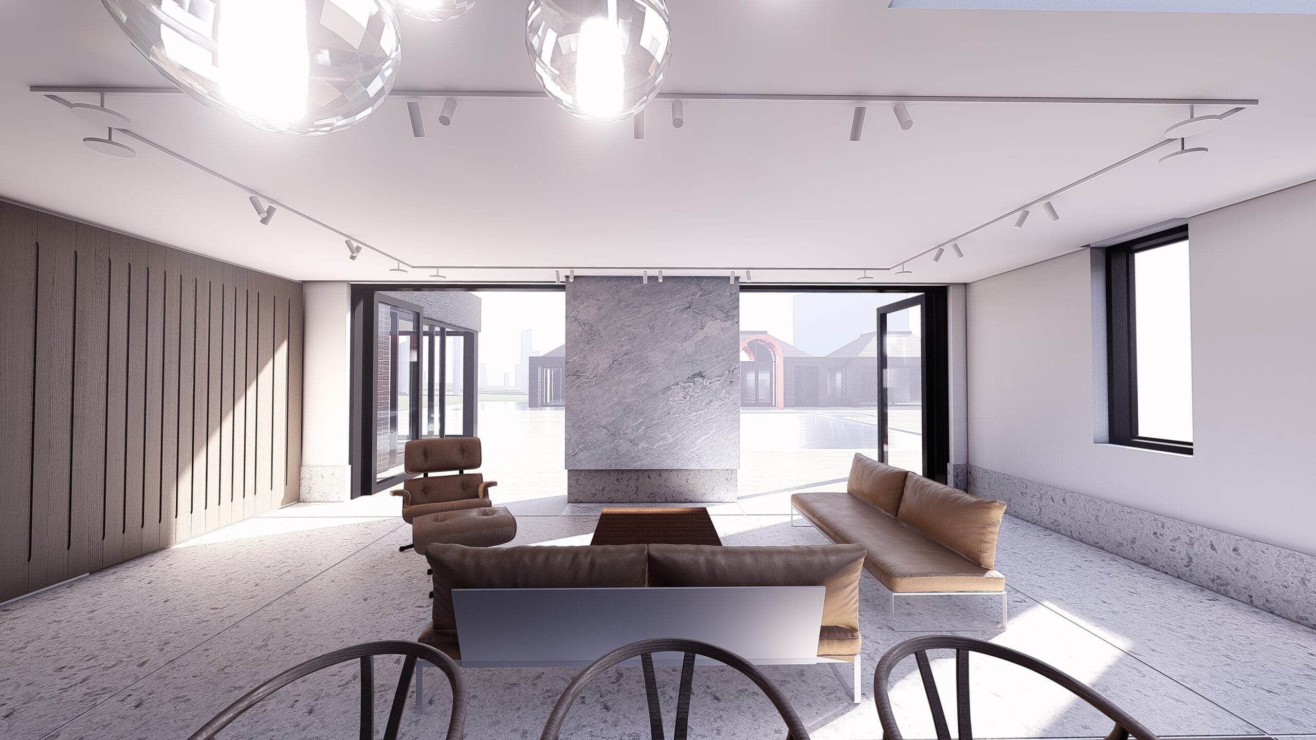 living room with large opening doors