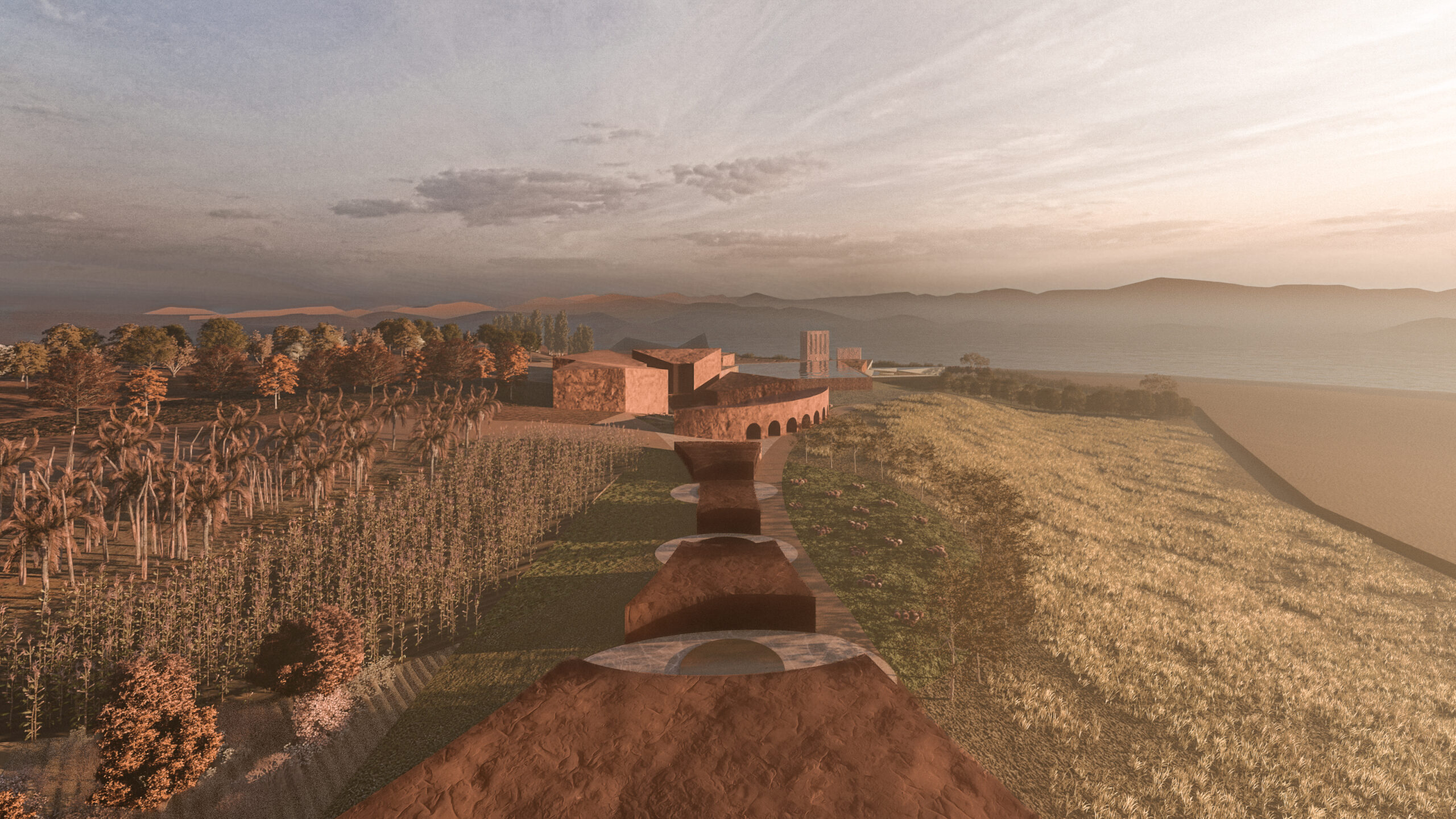 Site view of education spaces in an oasis retreat project for a RIBA Design Competiton