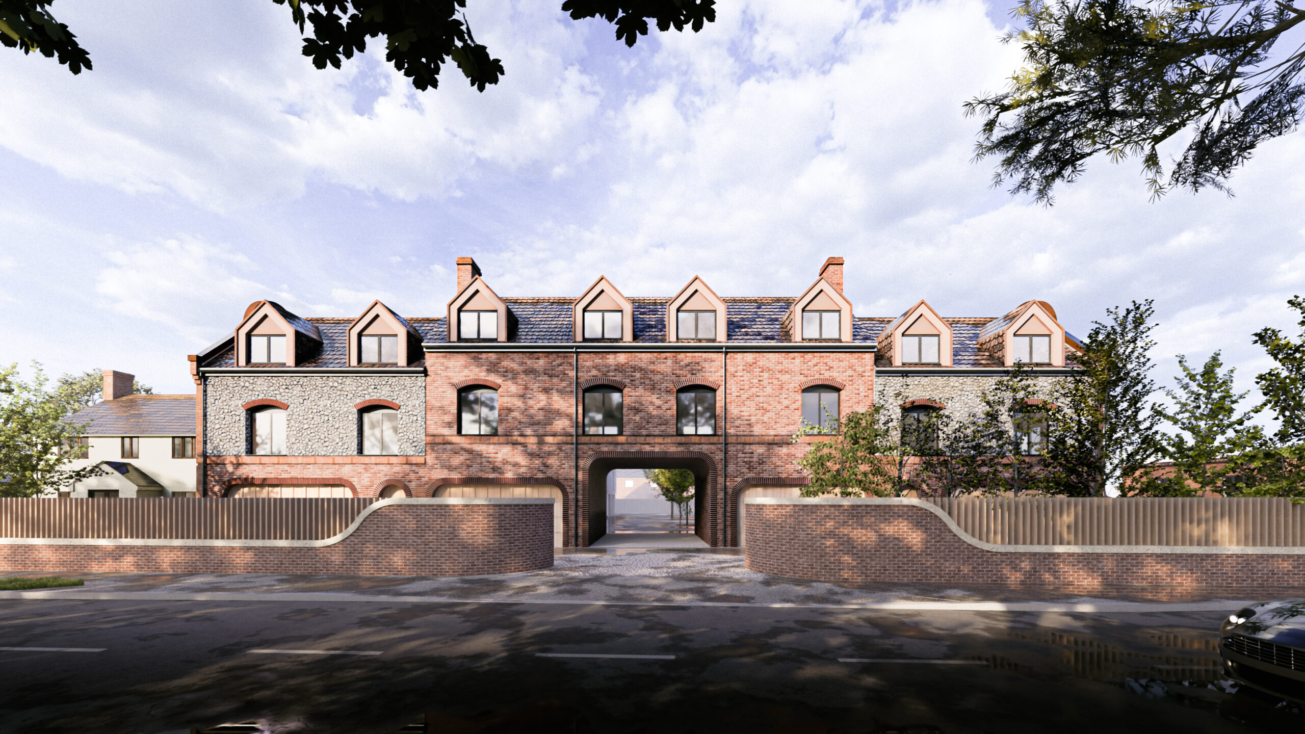 External view 3D render of the proposed high-quality residential development at Holt's former police station