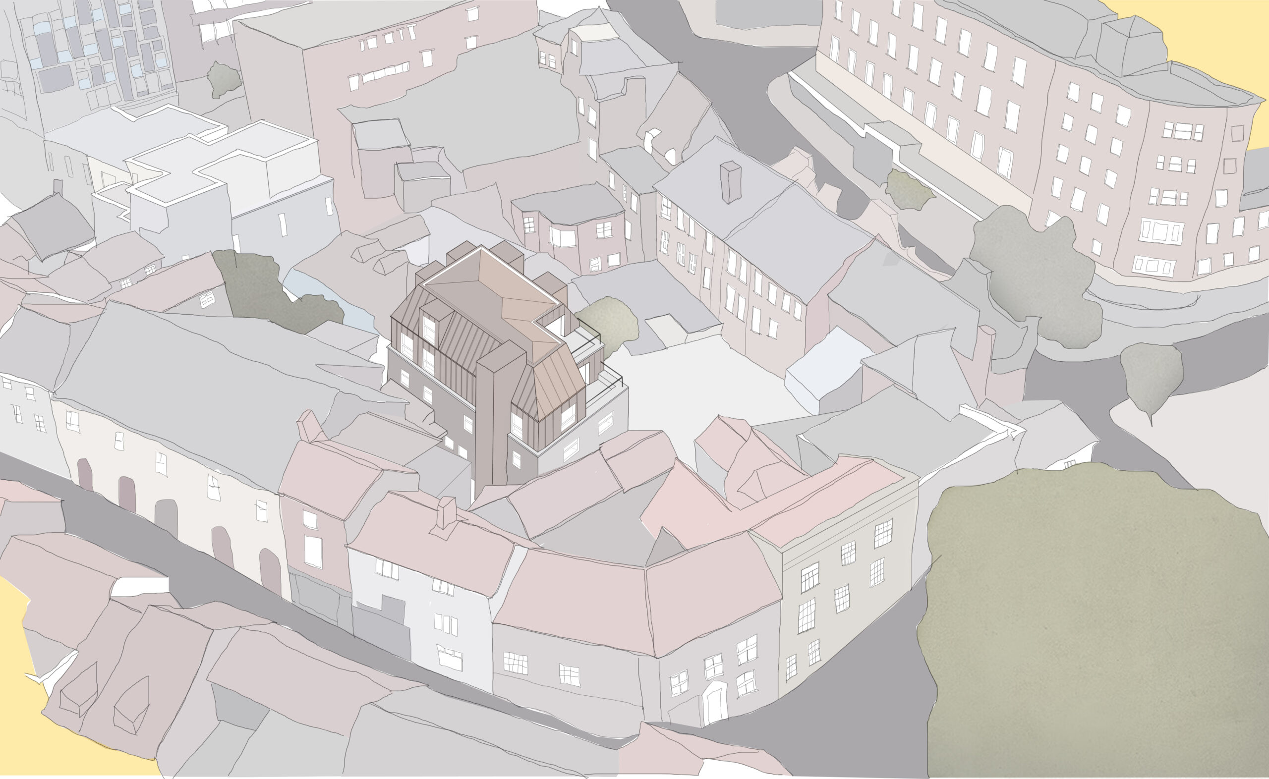 Sketch of mixed use scheme on Timber Hill, Norwich and the surrounding area